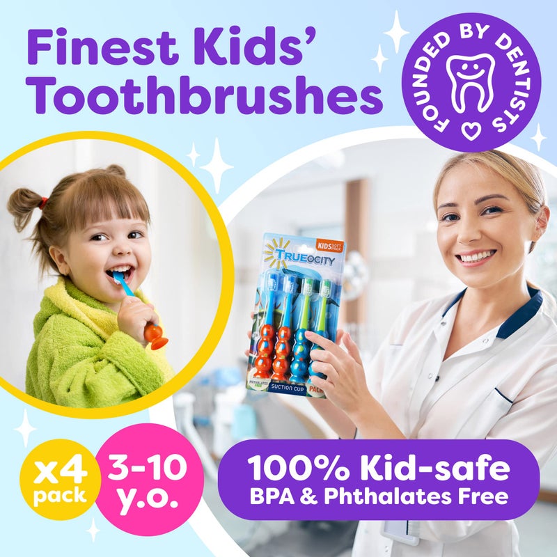 Trueocity Kids Toothbrush 4 Pack - Soft Contoured Bristles - Child Sized Brush Heads (3-10 Year Old) - Suction Cup for Fun & Easy Storage - Girl & Boy Set (Blue & Orange) - Image 5